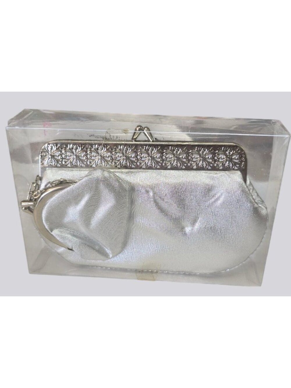 NOS Vintage Silver Kiss Lock Cosmetic Bag Coin Purse Keychain & Mirror